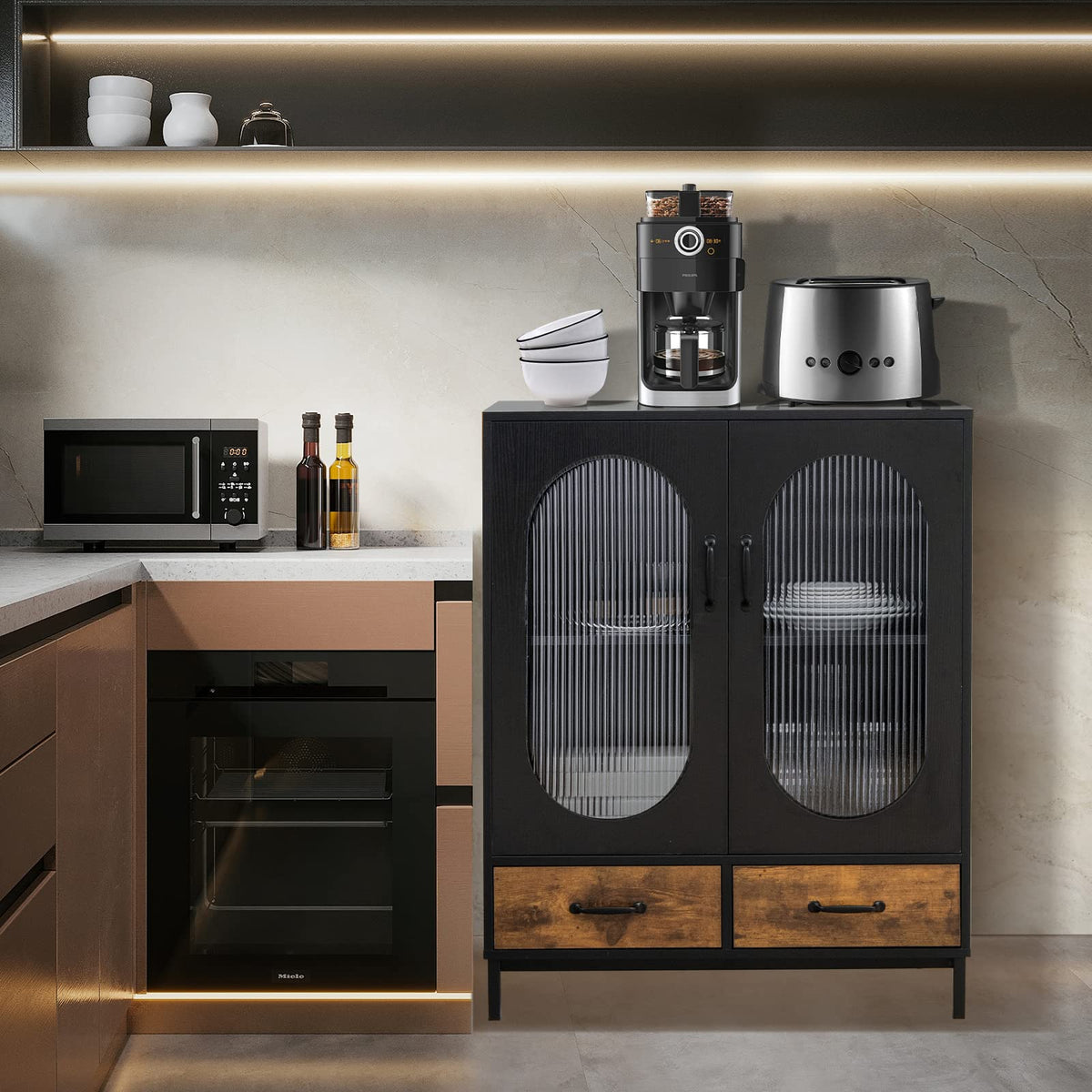 Goflame Buffet Cabinet with 2 Drawers, Wooden Sideboard, Standing 2-Tier Cupboard (Black & Brown)
