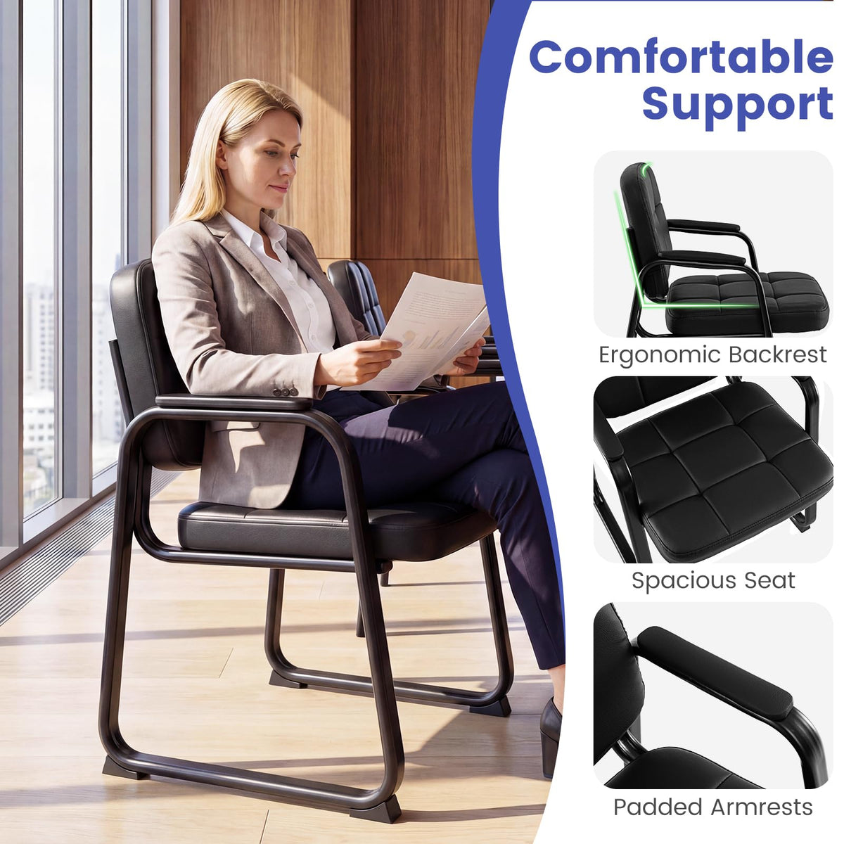 Goflame Waiting Room Leather Office Reception Chairs with Padded Armrests