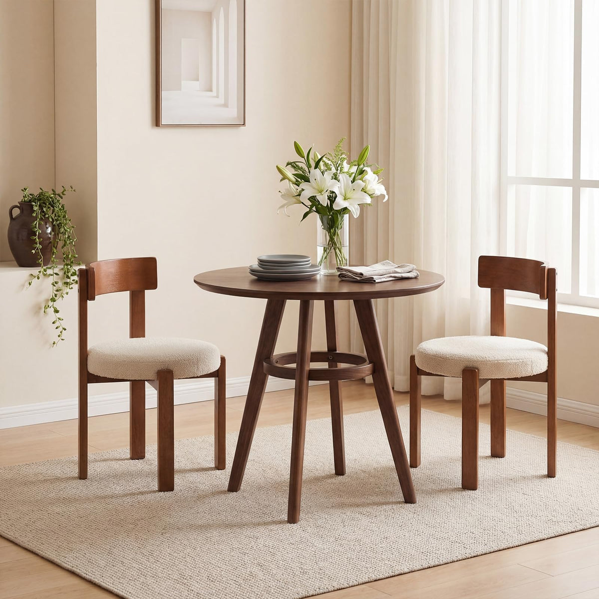 Goflame Wooden Dining Chairs Set of 2/4 Teddy Fleece Upholstered Boucle Kitchen Chair w/Curved Backrest