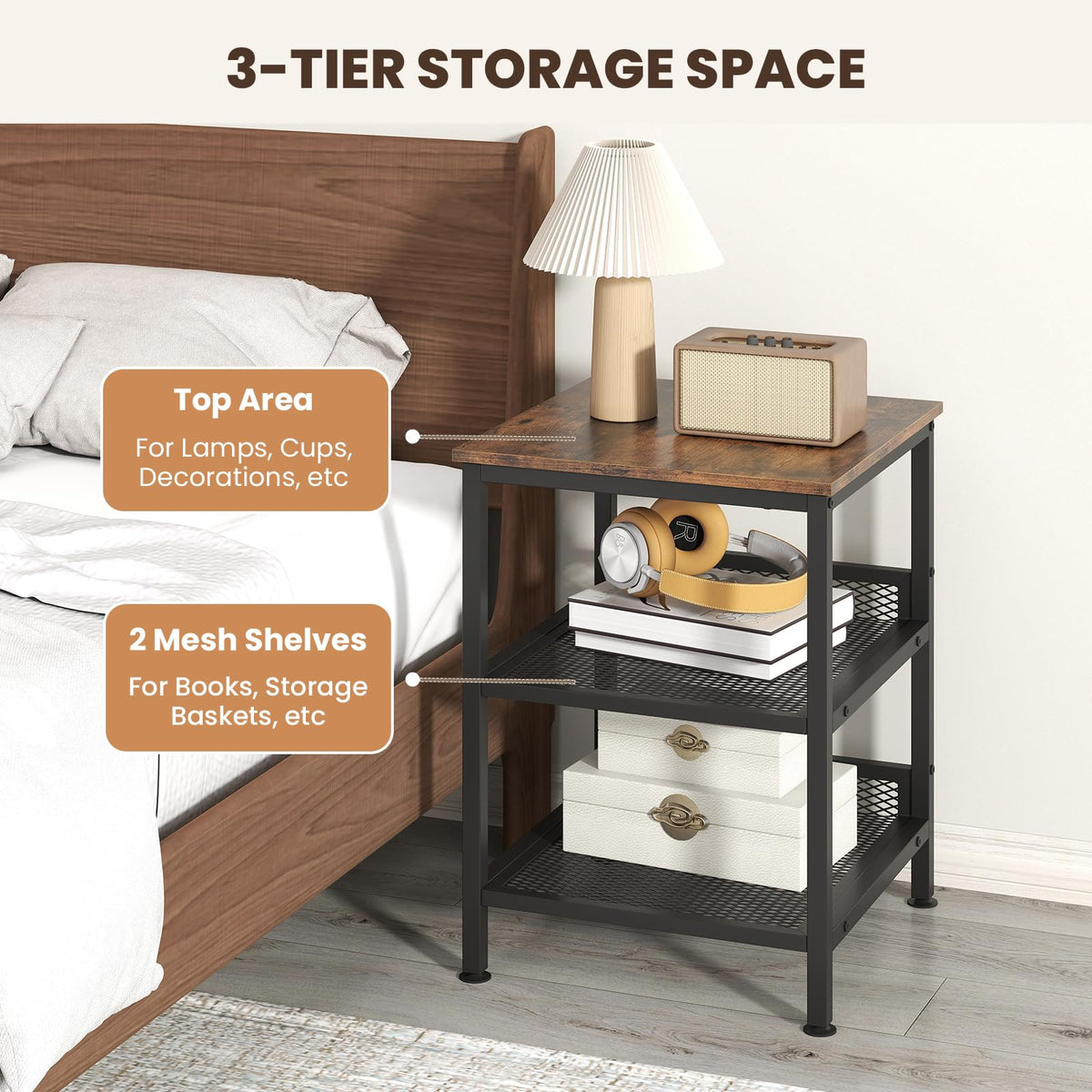 Goflame Stable Metal Frame Easy Assembly Accent Wood Look Printer Table Bedroom Nightstand(1,Black&Rustic Brown)