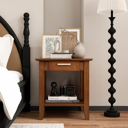 Goflame Rattan Nightstand with Drawer, Mid Century End Table with Storage Shelf, Sofa Side Table with Solid Rubber Wood Legs