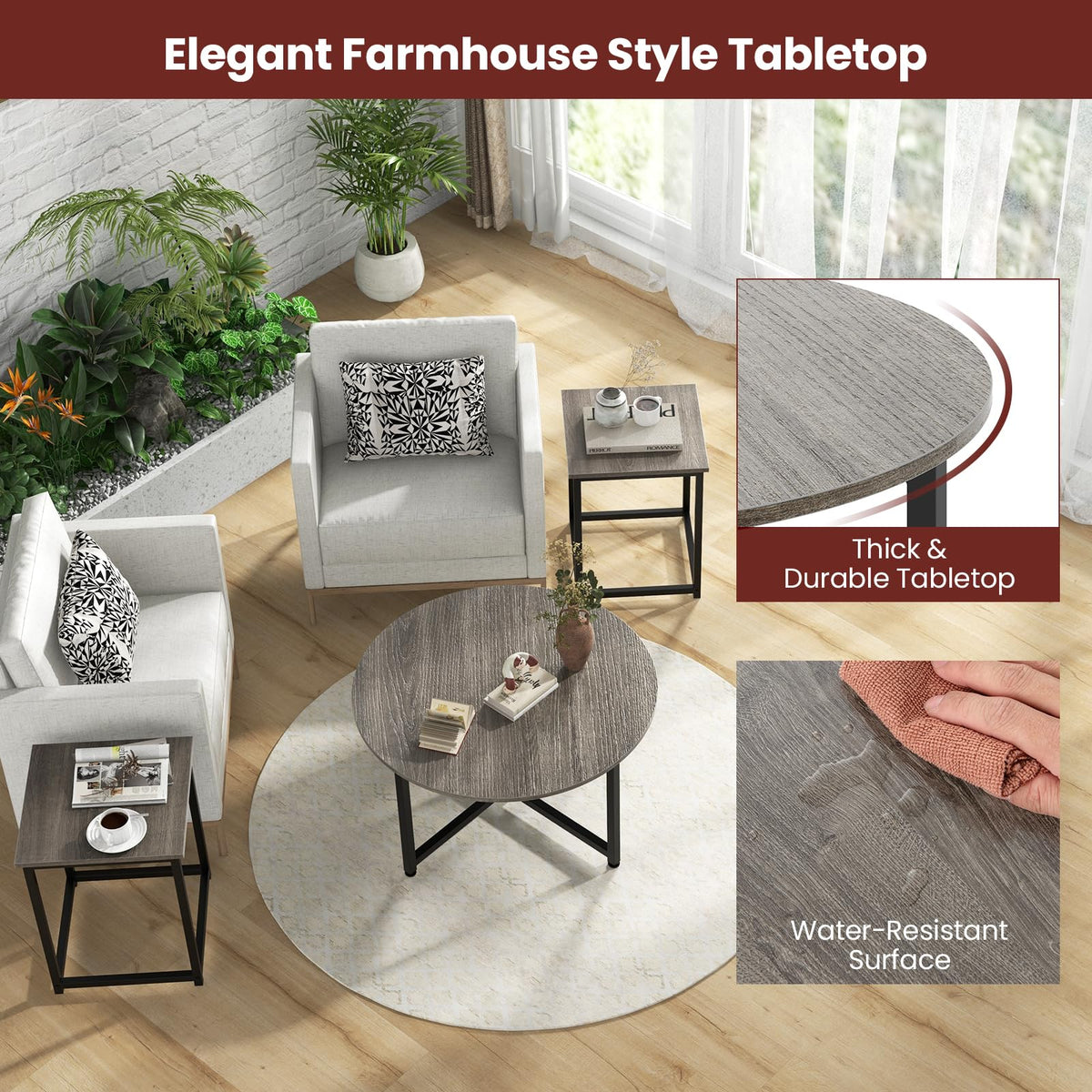Goflame Round Nesting Table Set of 3, Farmhouse Coffee Table w/2 End Tables, Sturdy Metal Frame (Black Oak)