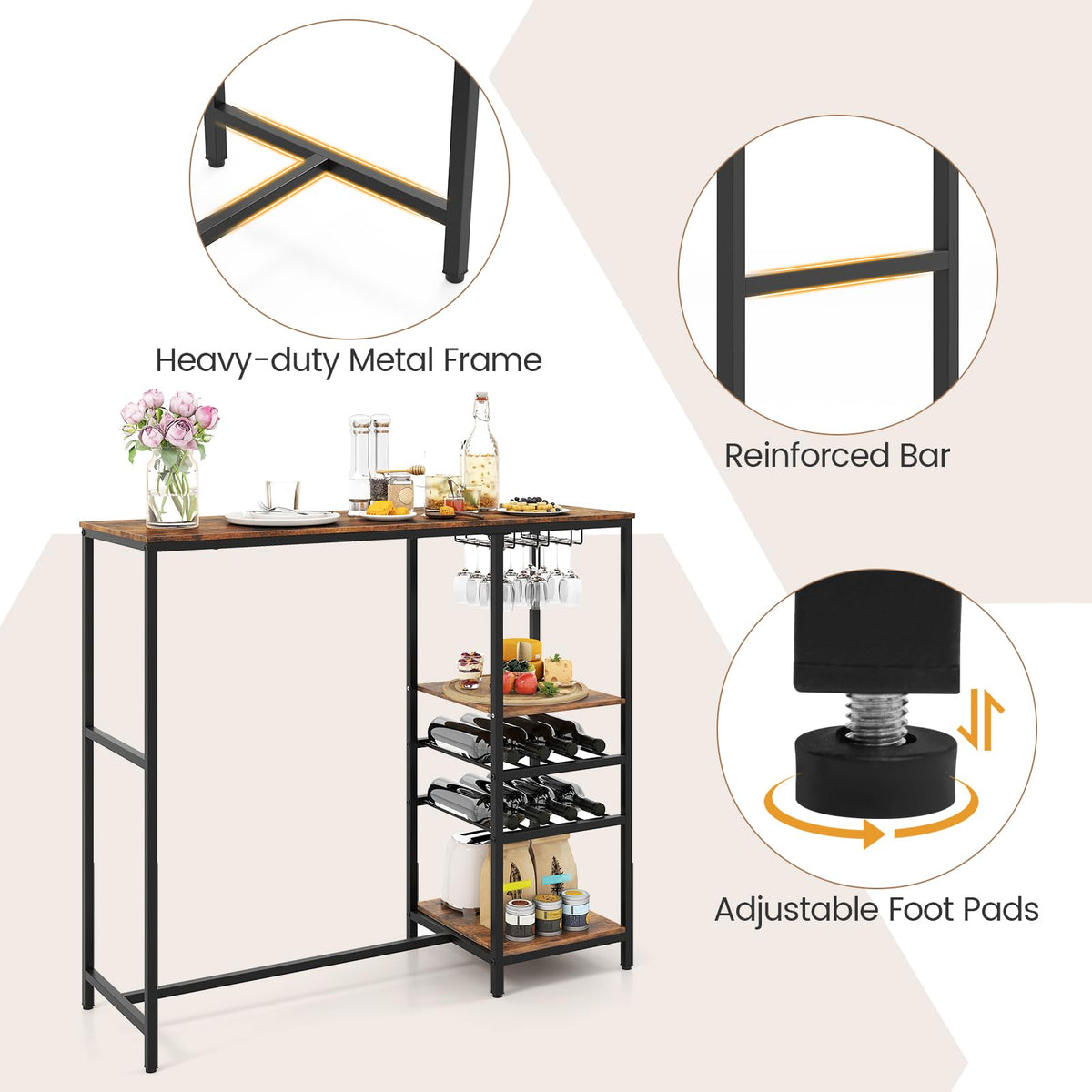 Goflame 48" Bar Table with Storage Shelves for Kitchen Living Room Dinette