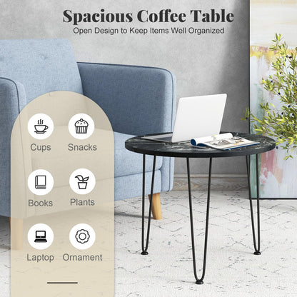 Goflame Round Coffee Table, Faux Marble Center Table with Metal Legs, Sofa Accent Side Table