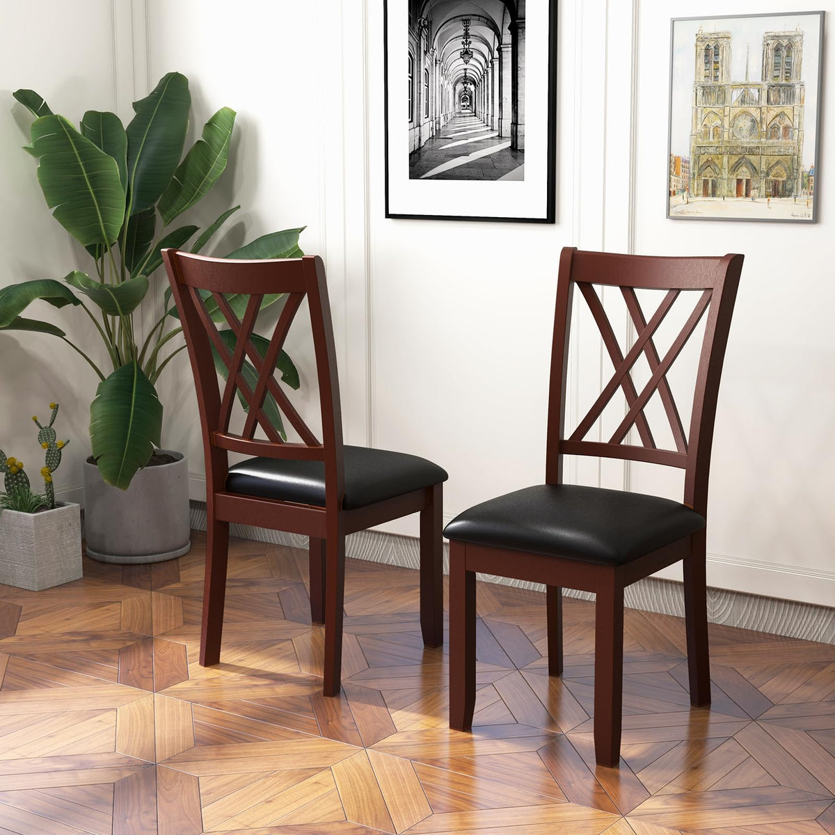 Goflame Wood Dining Chairs Set of 2, Faux Leather Upholstered Kitchen Chairs with Rubber Wood Legs