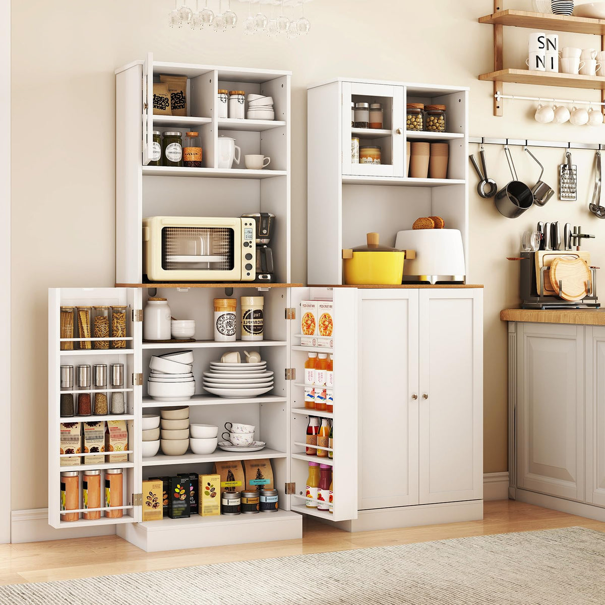 Goflame Kitchen Hutch 67" Tall Pantry Cabinet w/Microwave Countertop