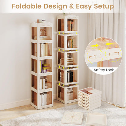 Goflame 5-Tier Foldable Rotating Bookshelf w/Swivel Base | 360° Revolving Bookshelf Tower