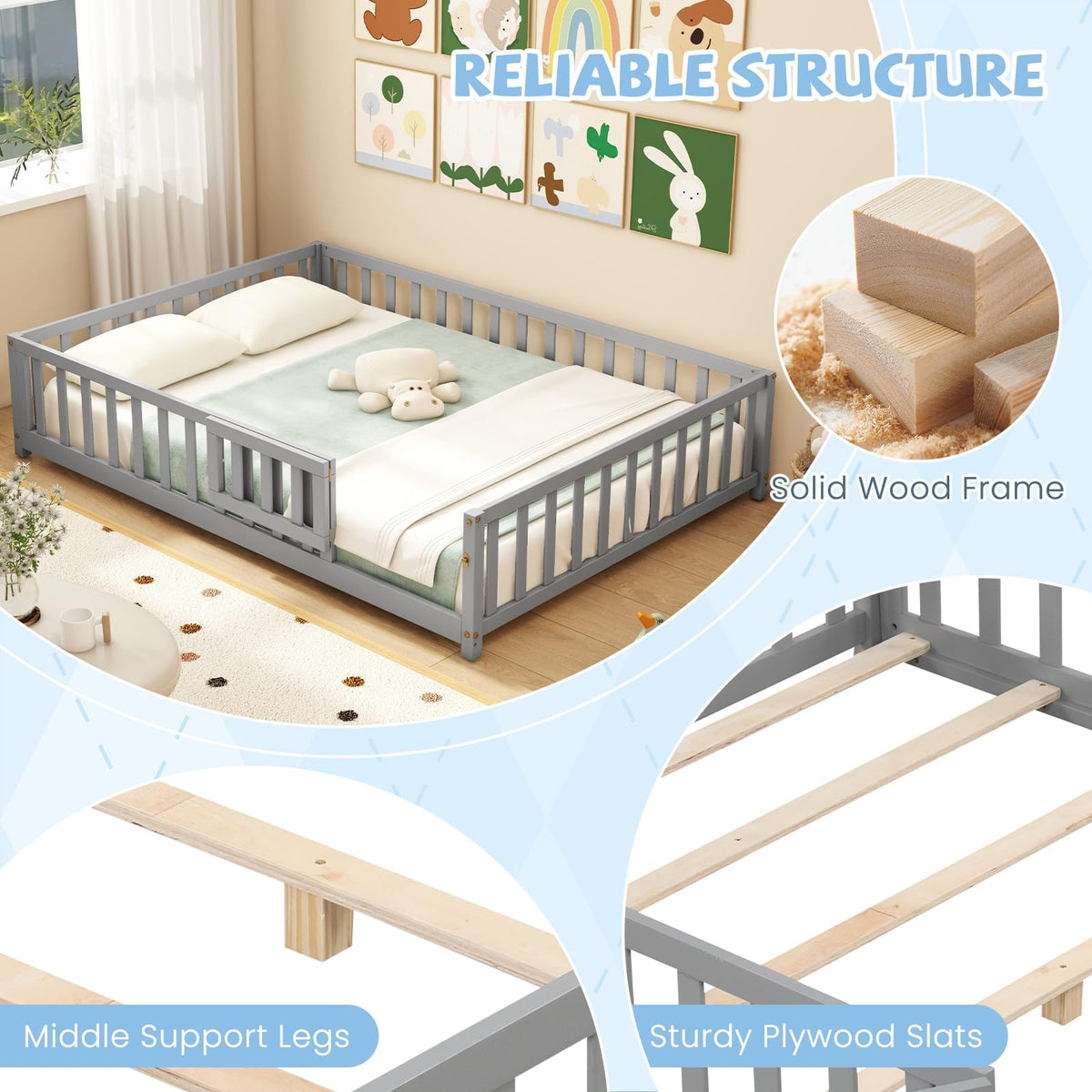 Goflame Full Size Floor Bed for Kids, Montessori Floor Bed with Wood Slats & Safety Guardrails