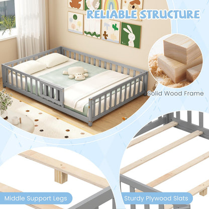 Goflame Full Size Floor Bed for Kids, Montessori Floor Bed with Wood Slats & Safety Guardrails