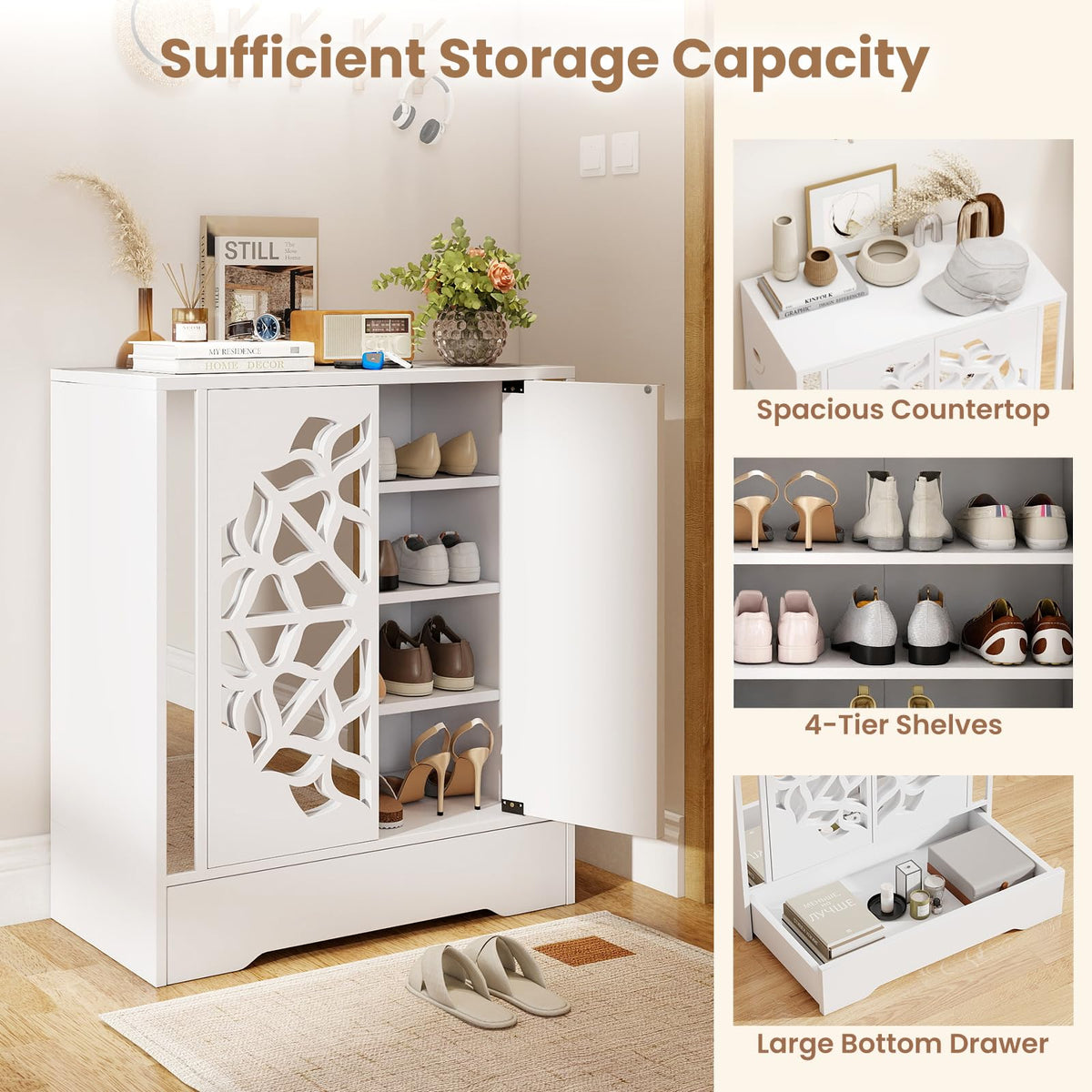 Goflame Shoe Cabinet with Drawer 6-Tier Shoe Organizer Cabinet with Mirrored Doors