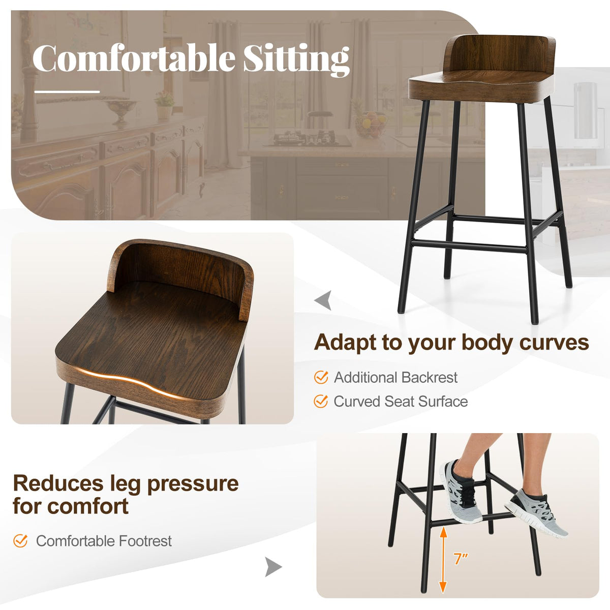 Goflame 24.5'' Bar Stool, Counter Height Bar Stools with Low Back & Footrest