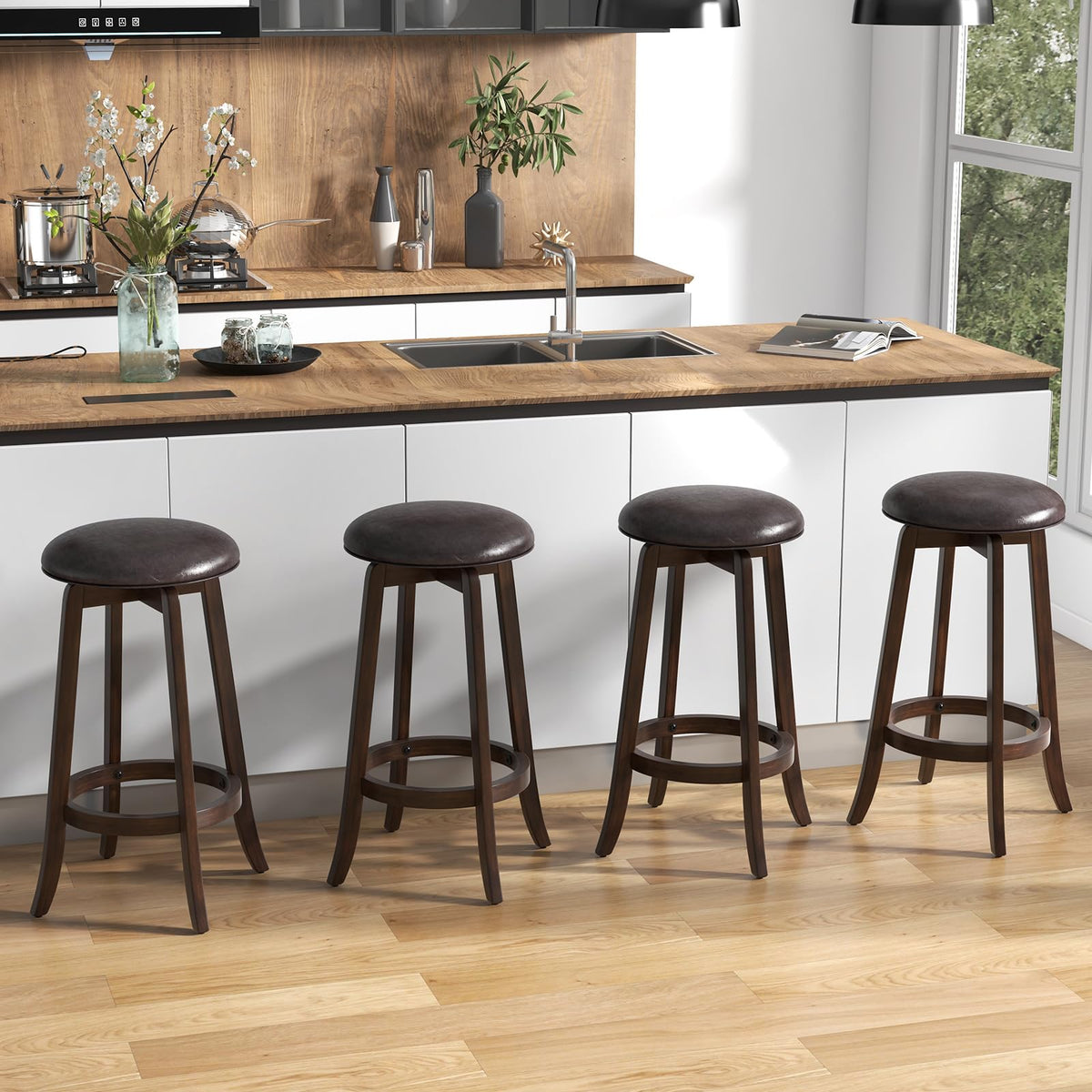 Goflame Bar Stools Set， 29"/ 24" Bar Height Bar Stools w/ 360° Swivel Round Seat & Footrest