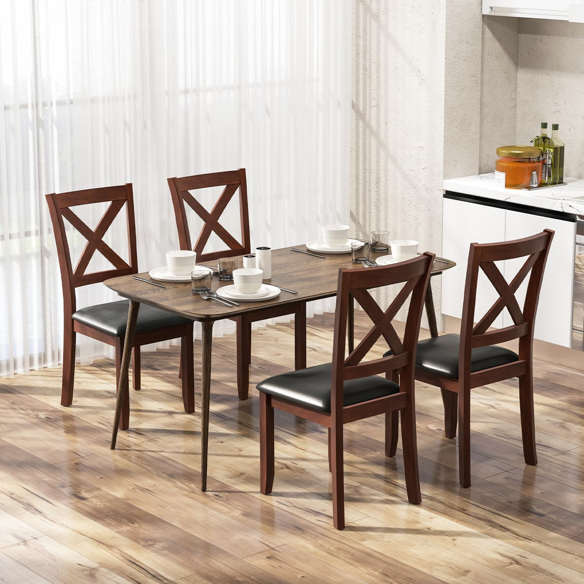 Goflame Wood Dining Chairs, Faux Leather Upholstered Dining Chairs with Rubber Wood Legs