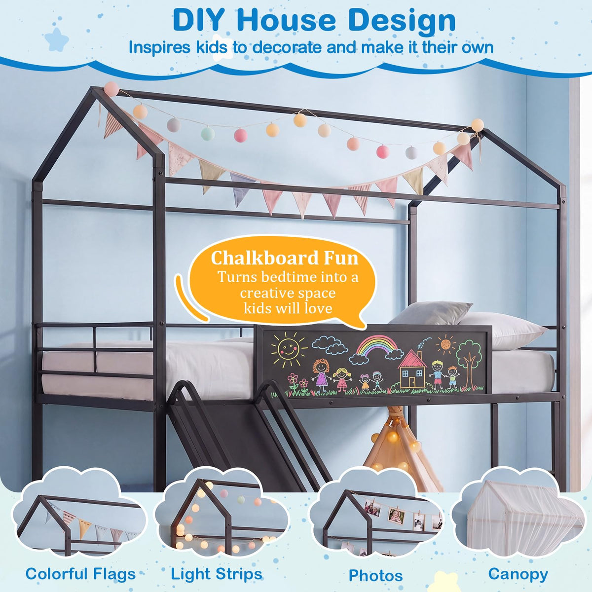 Goflame Twin Size House Loft Bed | Low Loft Bedframe w/Roof