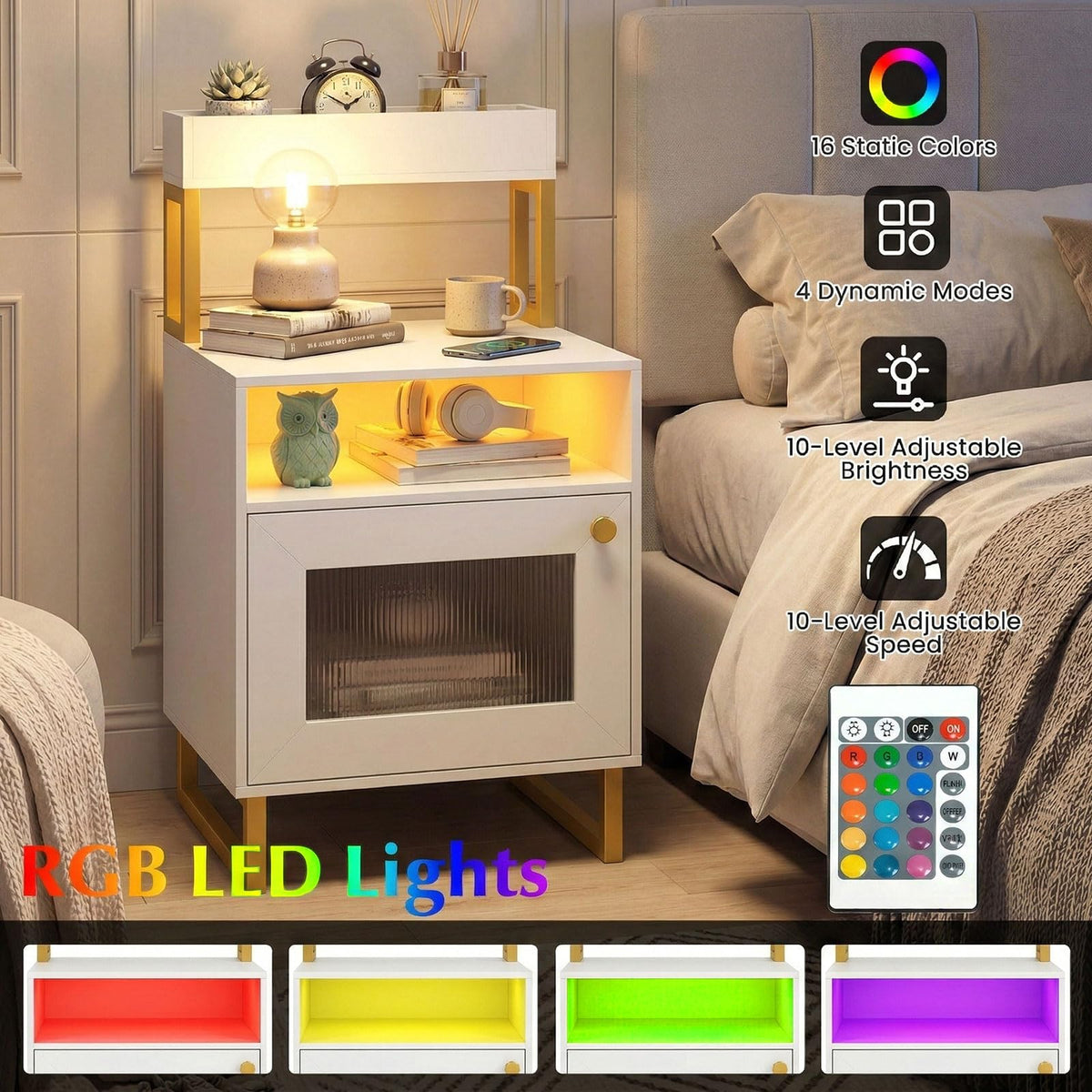 Goflame Night Stand with LED Lights | Tall Sofa Side Couch End Table w/Top Tray (1/2)