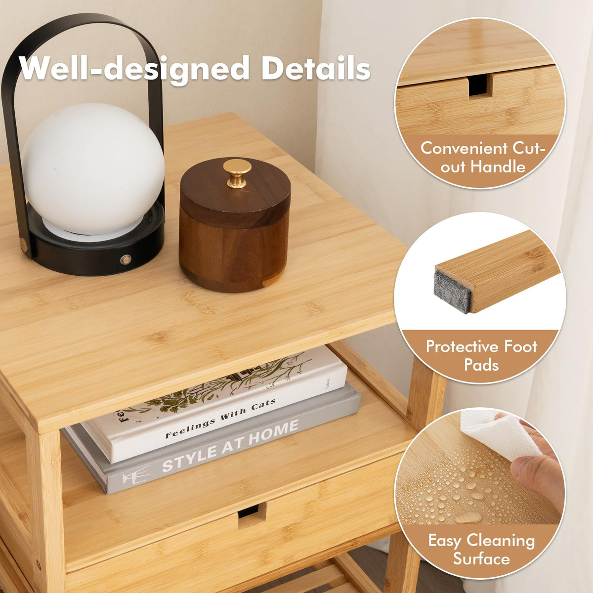 Goflame Nightstand Set of 1/2, Bamboo End Table with Drawer and 2 Open Shelves
