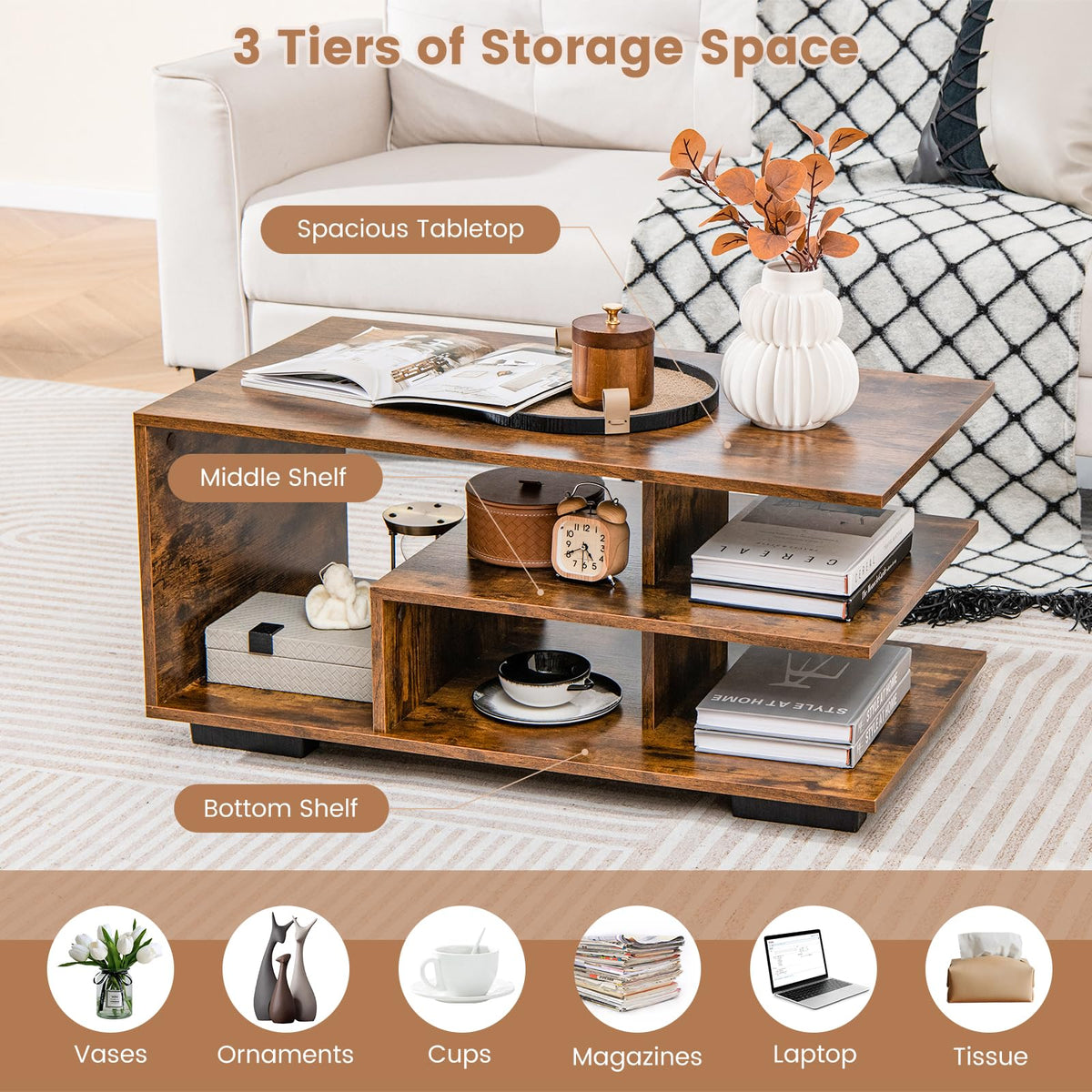 Goflame Coffee Table with Storage, Modern Rectangular Accent Table with L-shaped Middle Shelf