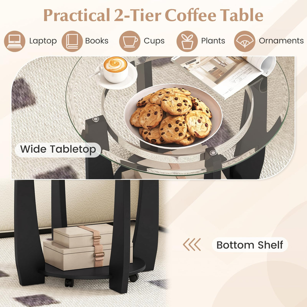 Goflame Round Glass Coffee Table 32" Rolling Center Tables with Wheels