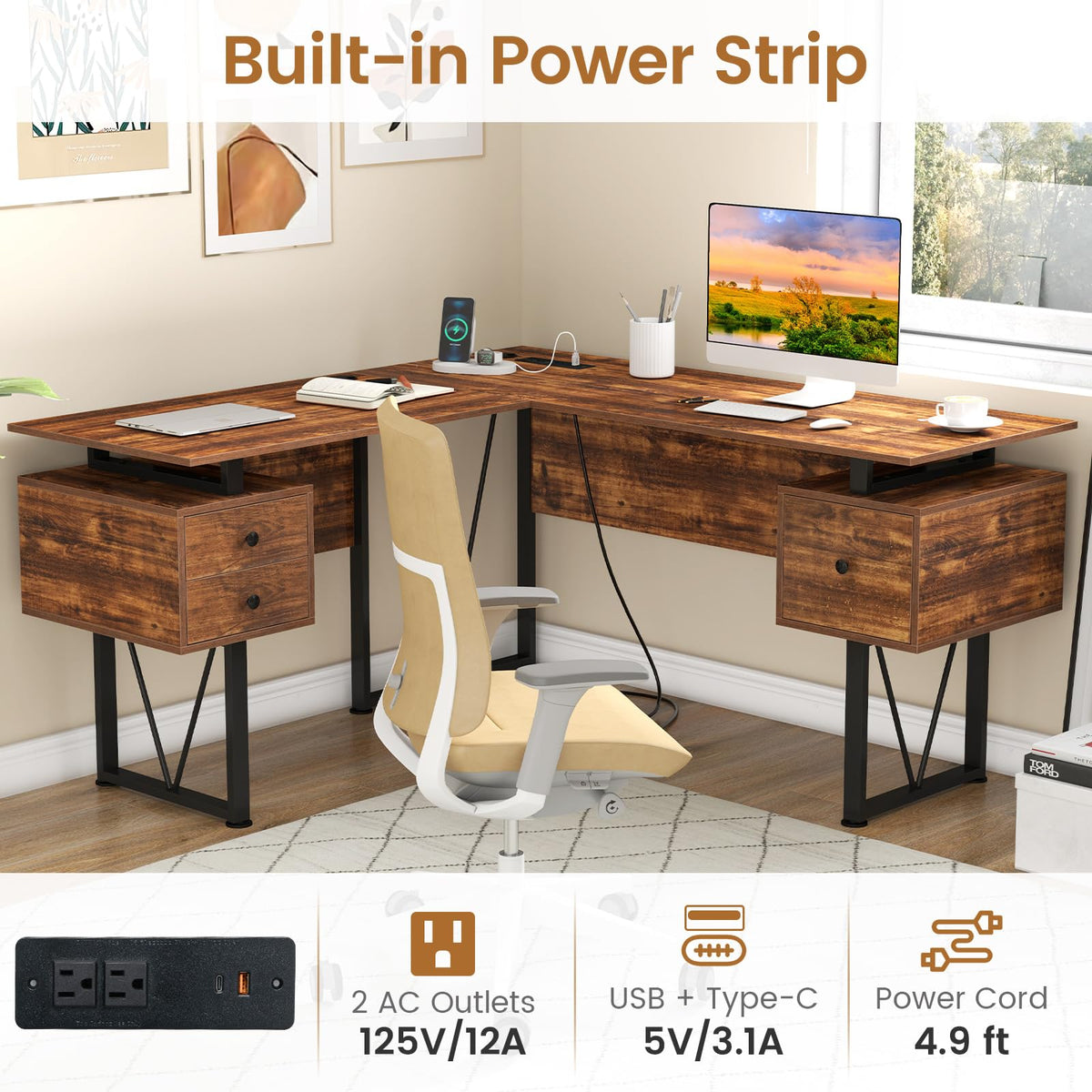Goflame L Shaped Desk with Drawers, 59” Large Computer Desk with Power Outlet