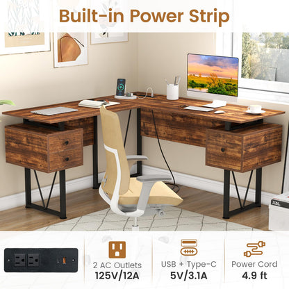 Goflame L Shaped Desk with Drawers, 59” Large Computer Desk with Power Outlet