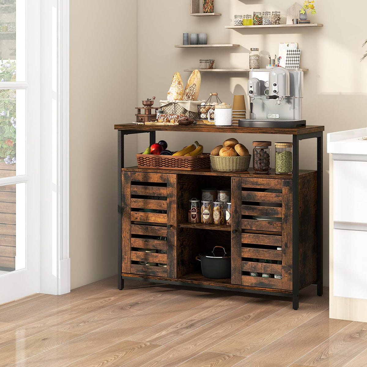Goflame Buffet Cabinet, Kitchen Sideboard with 2 Storage Cupboards, Open Shelves, 2 Cubes, Anti-Tipping Kits