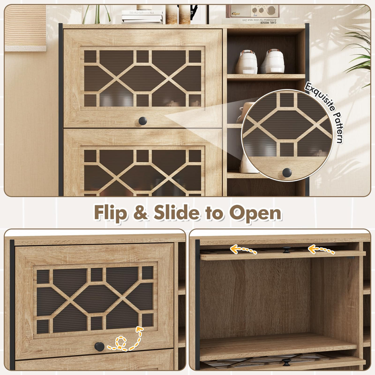 Goflame Shoe Cabinet with Flip & Slide Doors, Shoe Storage Cabinet with Adjustable Cube Shelves(Decorative Doors)