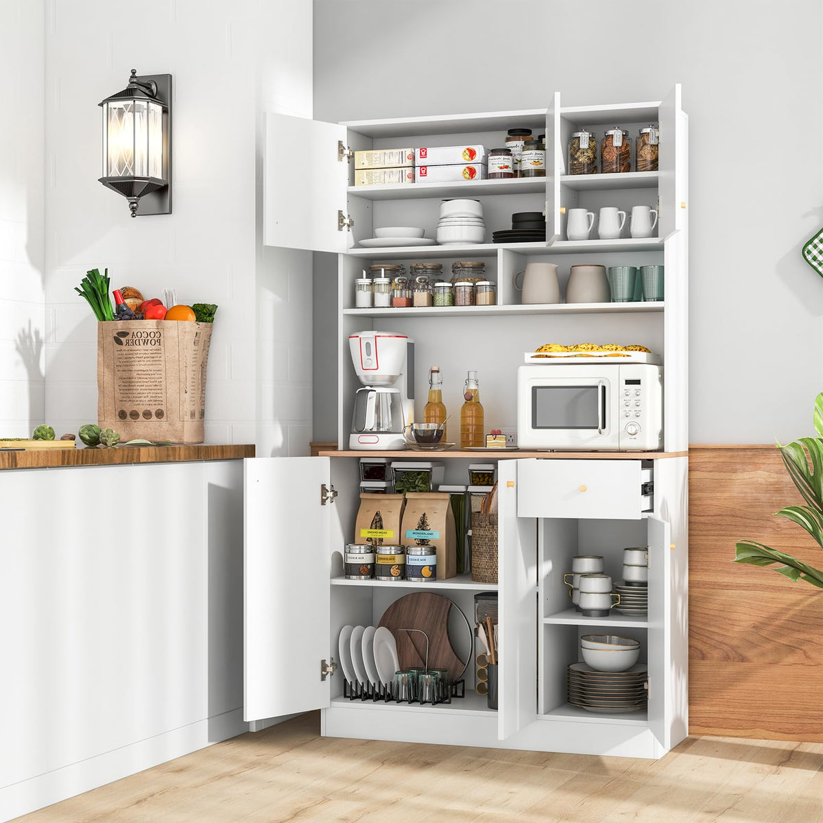 Goflame Kitchen Pantry Cabinet, 71” Tall Buffet Cabinet with Hutch, Built-in Power Outlet