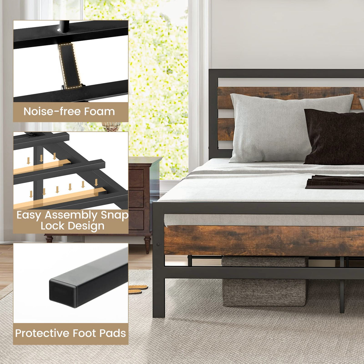 Goflame Queen Metal Platform Bed Frame with Wooden Headboard & Footboard, Rustic Brown