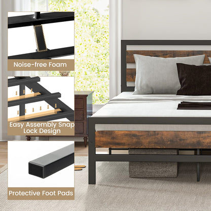 Goflame Queen Metal Platform Bed Frame with Wooden Headboard & Footboard, Rustic Brown