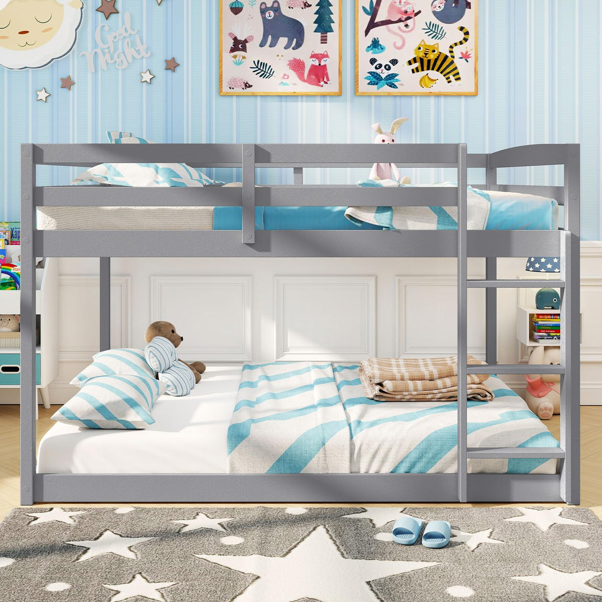 Goflame Full Over Full Bunk Bed Solid Wood Kids Bunk Bed with Full-Length Guardrails