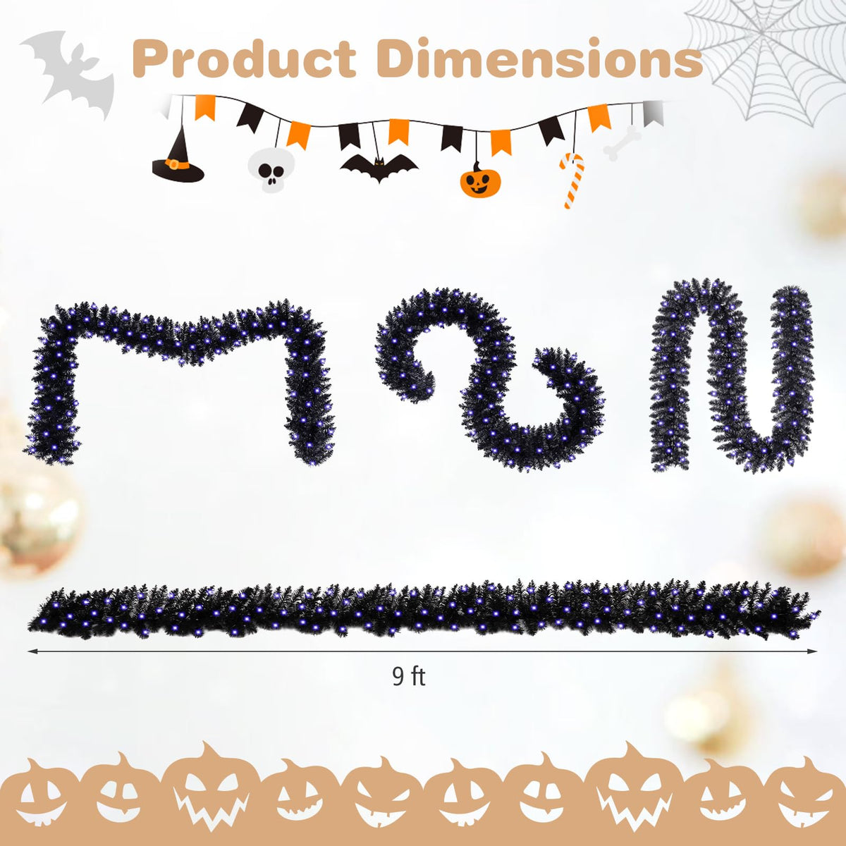 GOFLAME 9FT Pre-lit Black Halloween Garland with 50 Purple LED Lights