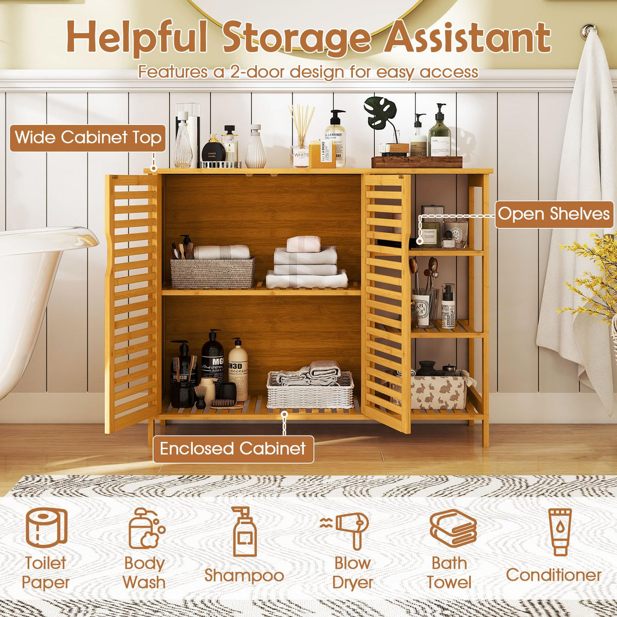 Goflame Bamboo Bathroom Storage Cabinet 2-Door Storage Organizer with Shelves