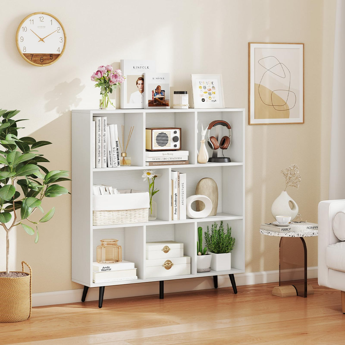 Goflame 3 Tier Modern Bookshelf with 5 Metal Legs for Living Room