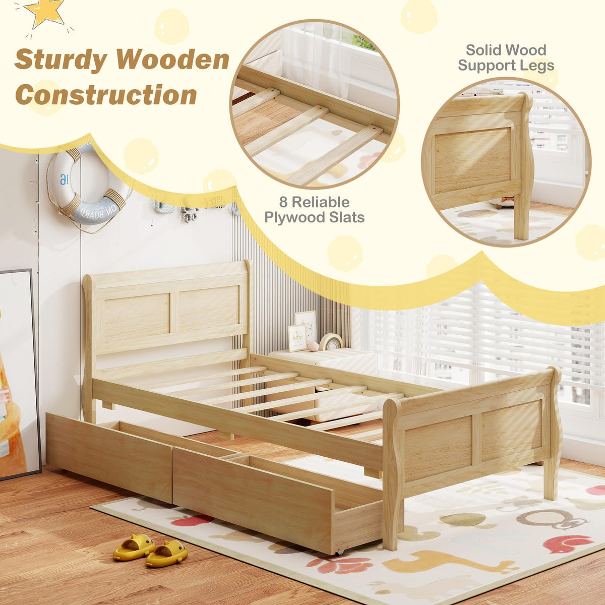 Goflame Twin/ Full/ Queen Bed with 2 Storage Drawers Wood Platform Bed with Headboard & Footboard