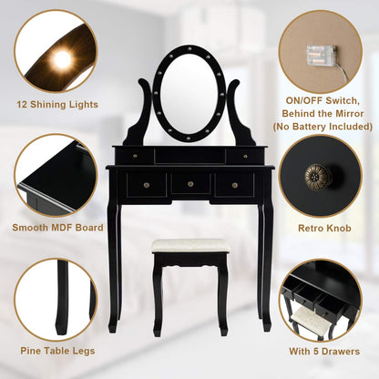 Vanity Set with 360° Rotating Oval Makeup Mirror, Dressing Table & Cushioned Stool Set with 5 Sliding Drawers & 12 LED Lights