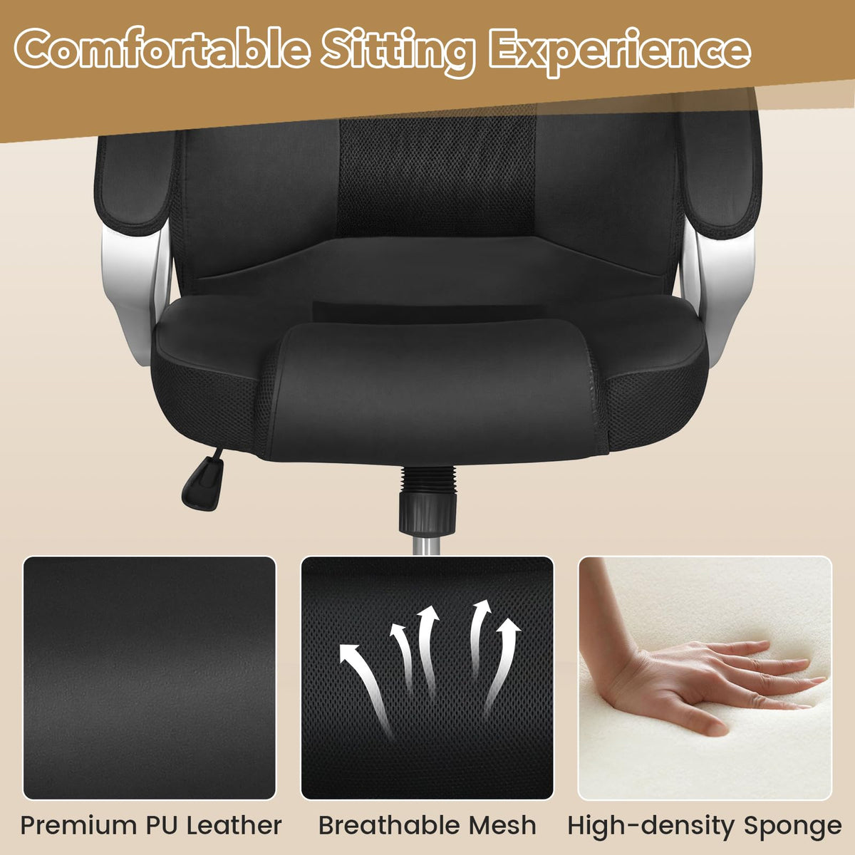 Goflame Leather Office Chair | Ergonomic Mesh Executive Chair with Padded Armrests & Rocking Backrest