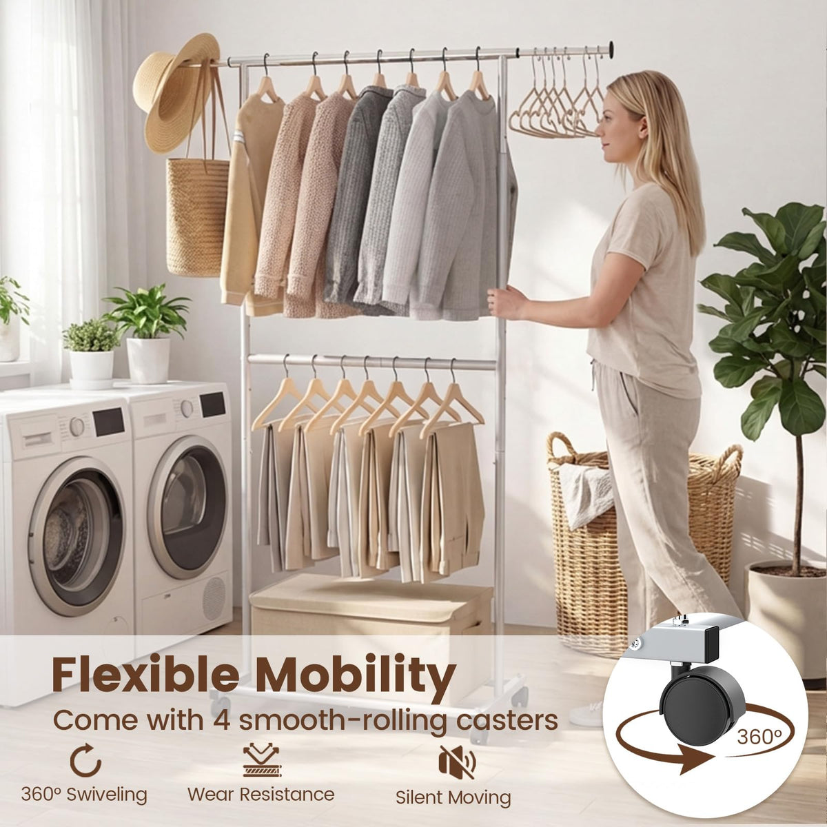 Goflame Extendable Double-Rod Rolling Clothing Rack for Hanging Clothes