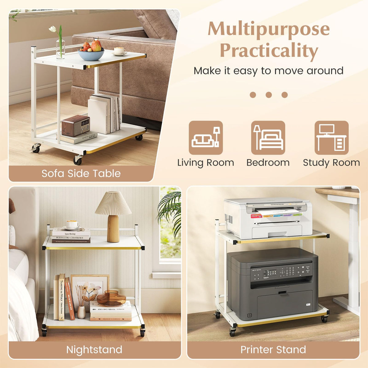 Goflame Mobile C-Shaped End Table - 2-Tier Sofa Couch Bed Side Table w/Open Storage Shelves & Golden Edge Banding
