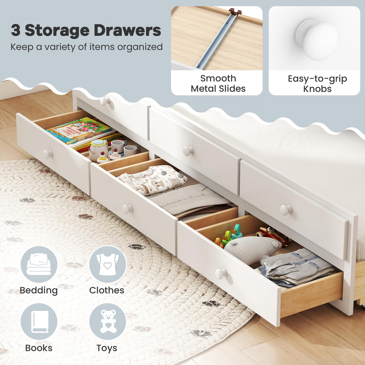 Goflame Full Size Bed Frame with Twin Trundle & 3 Storage Drawers