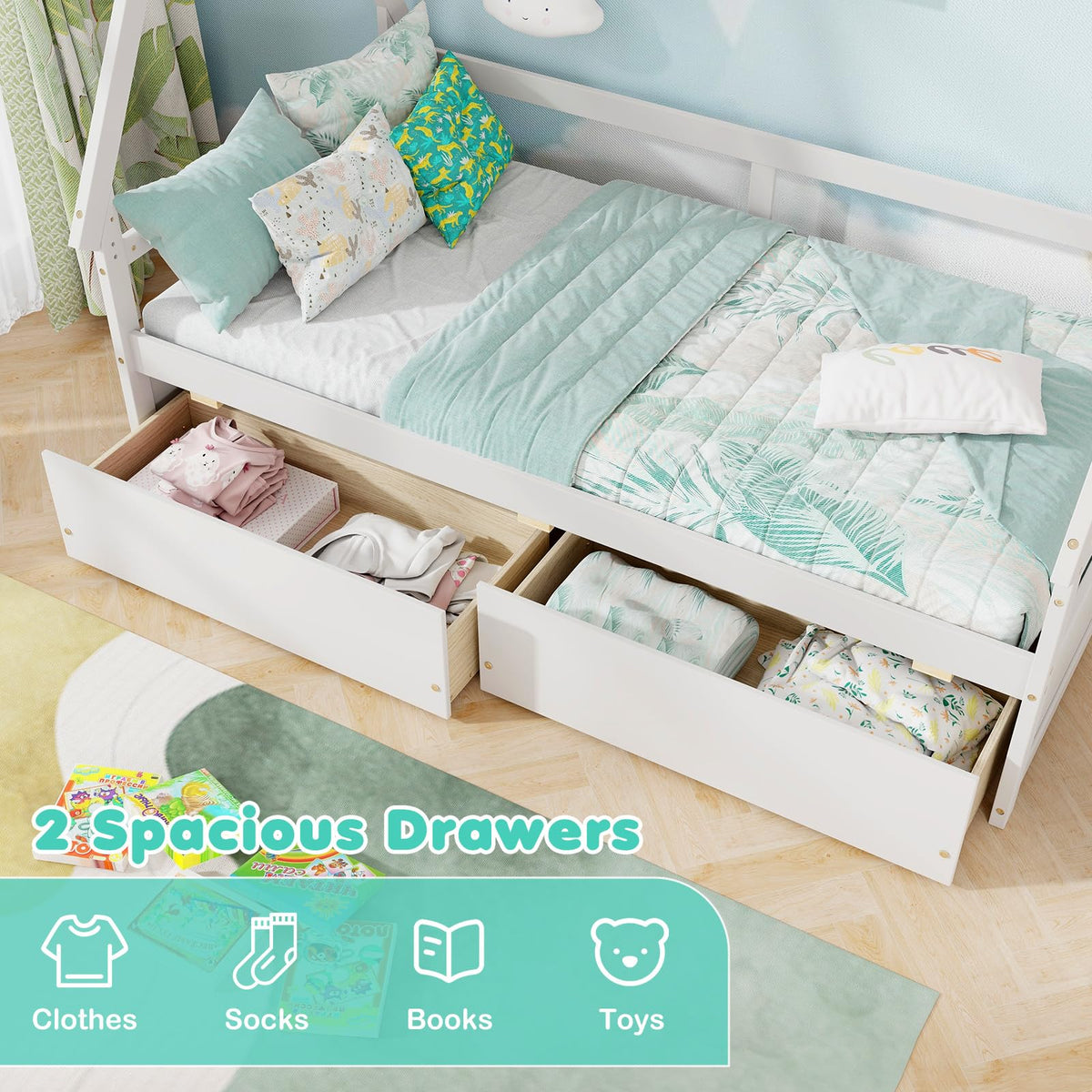 Goflame Twin Bed with 2 Storage Drawers, Wood Montessori House Tent Bed Frame with Safety Guardrail