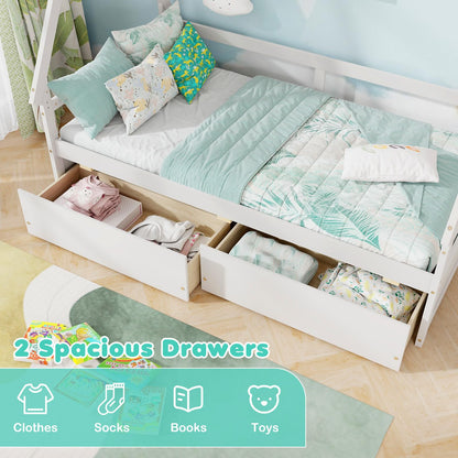 Goflame Twin Bed with 2 Storage Drawers, Wood Montessori House Tent Bed Frame with Safety Guardrail
