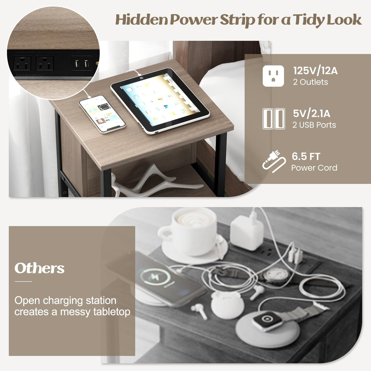 Goflame Nightstand with Charging Station, 3-Tier End Table with USB Ports & Power Outlets