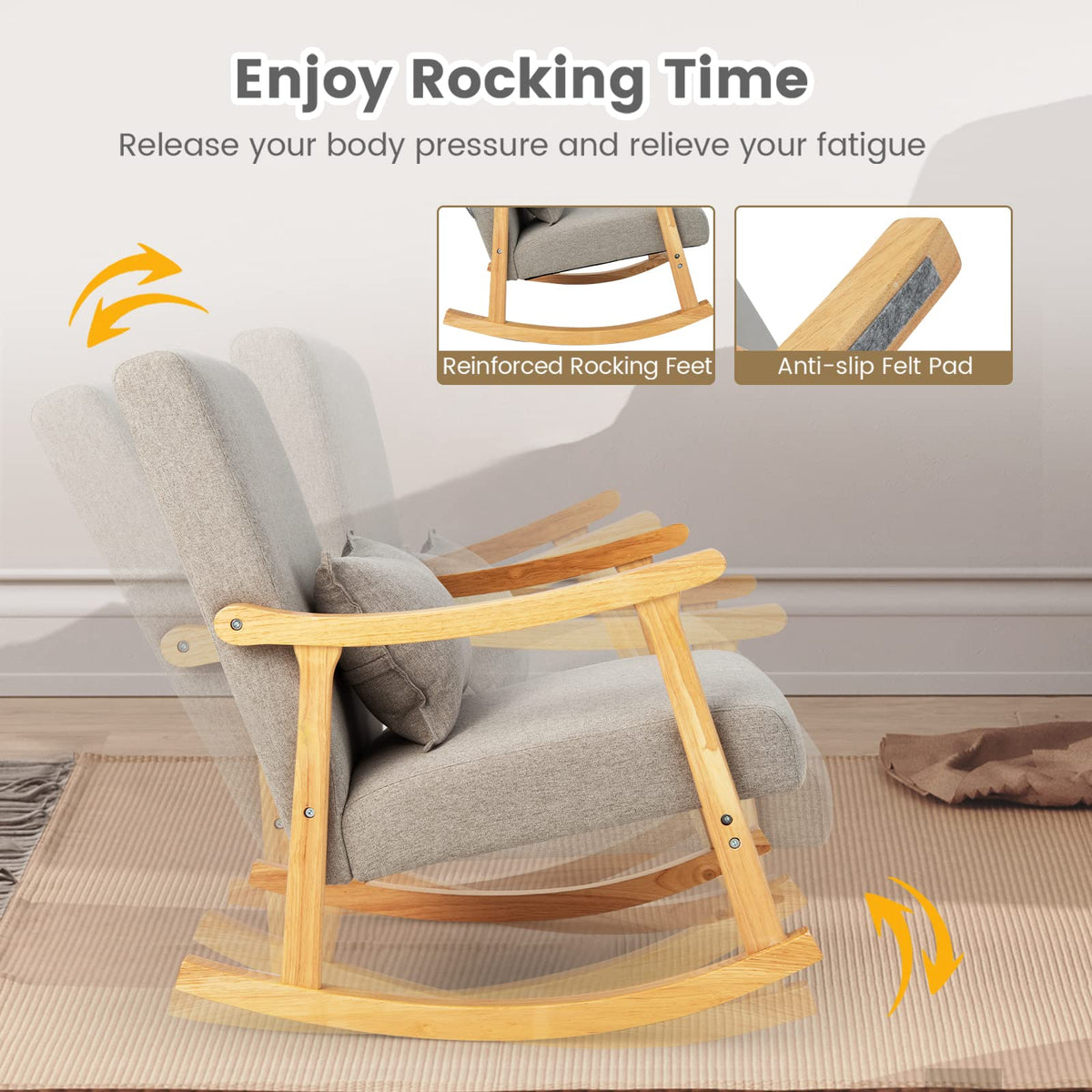 Goflame Upholstered Rocking Chair - Modern Rocker with Rubber Wood Frame, Comfy Backrest & Seat