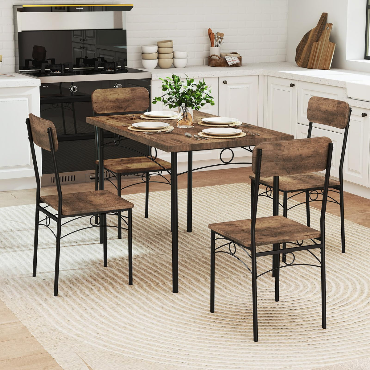 Goflame Rectangle Kitchen Table and 4 Farmhouse Dining Chairs with Heavy-Duty Metal Frame