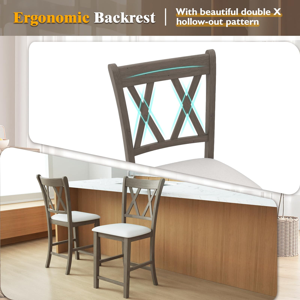 Goflame Wood Bar Stools Set of 2/4, 24" Counter Height Bar Stools w/Cross Back & Linen Fabric Upholstered Seat