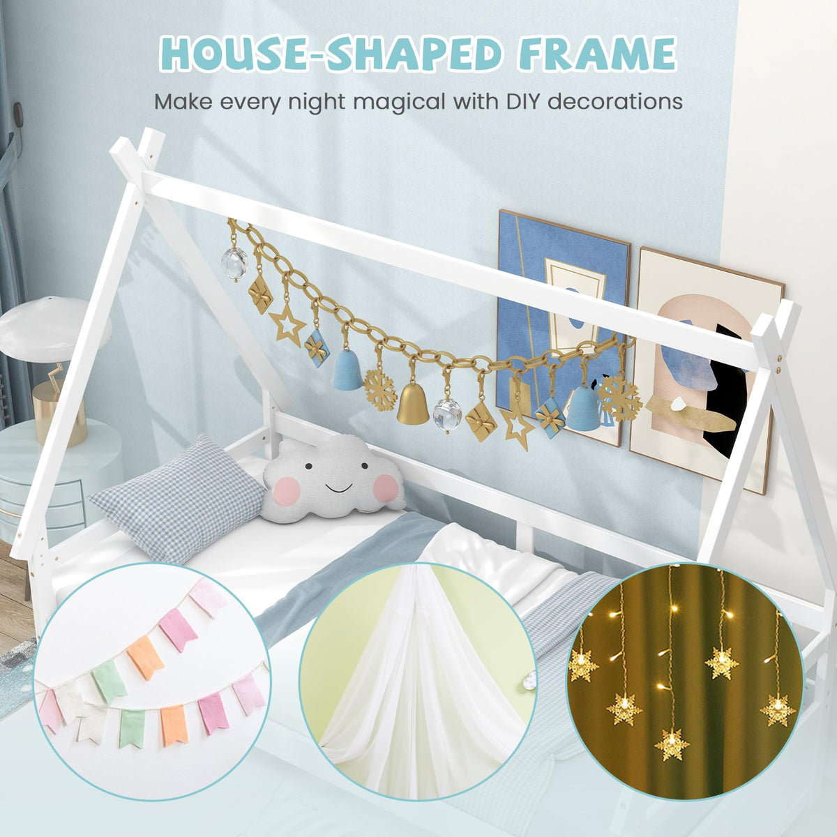 Goflame Twin House Bed with Trundle, Wood Montessori Tent Bed Frame with Safety Guardrail