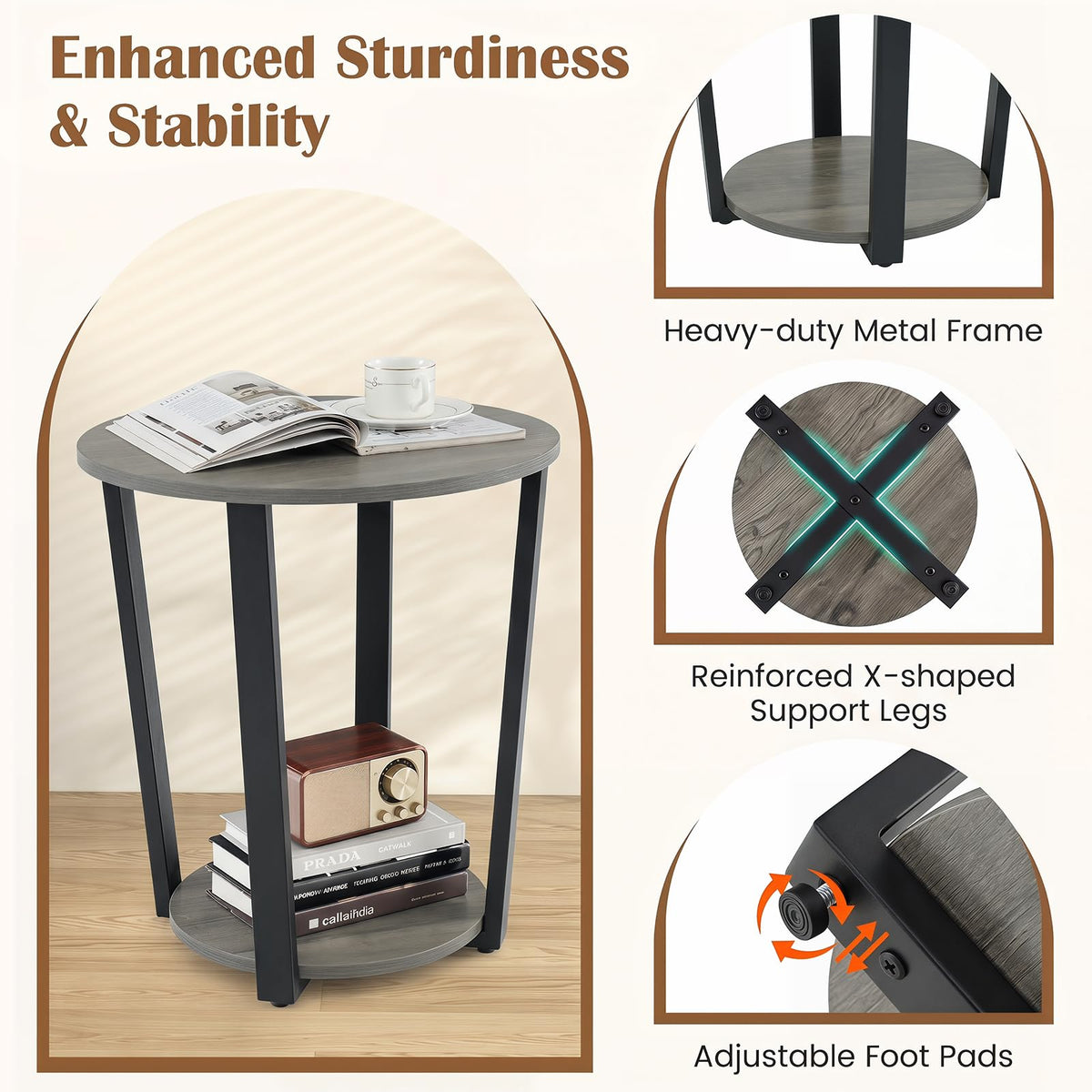 Goflame Round End Table with Open Storage Shelf and Metal Frame