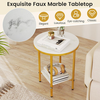 Goflame Round Side Table 2-Tier Faux Marble Sofa Side Coffee Table w/Gold Frame & Open Shelf