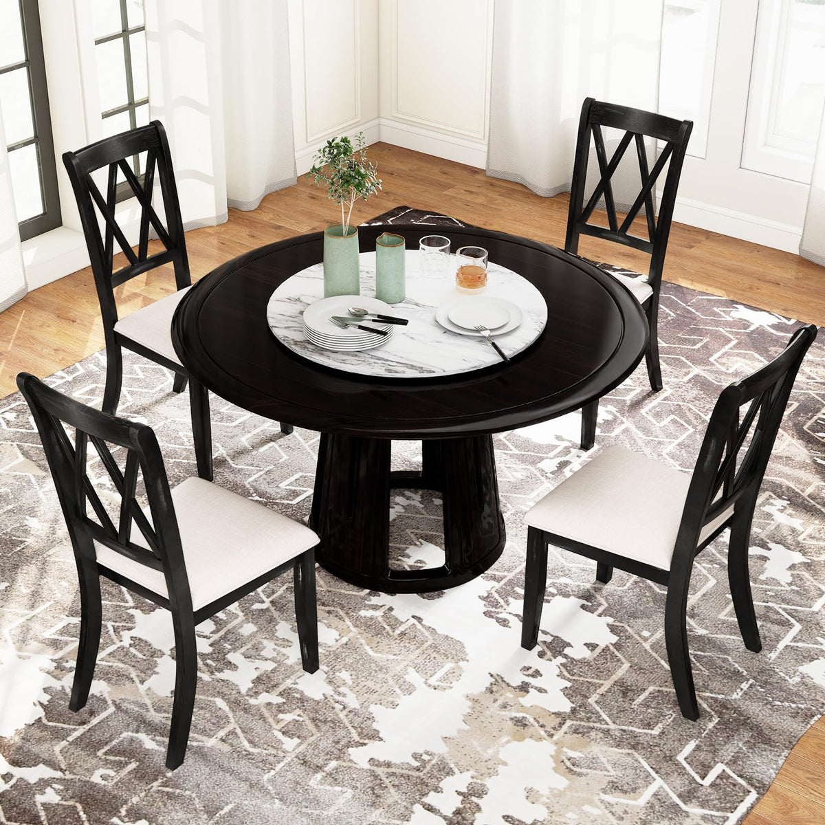 Goflame Wooden Dining Chairs Set of 2/4 Upholstered Kitchen Chair w/Distressed Rubber Wood Legs Curved Cross Back