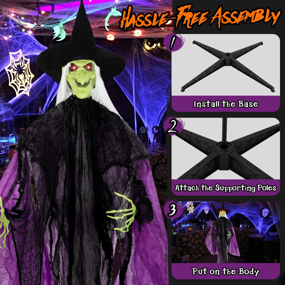 Goflame 7.2 FT Halloween Animatronic Witch, Animated Standing Poseable Figure with Light up Eyes